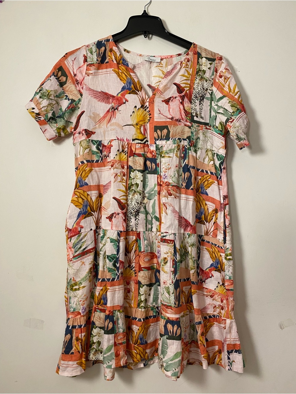 Tropical Bird Print Tiered Short Sleeve Linen Dress - Pink Multi with Pockets